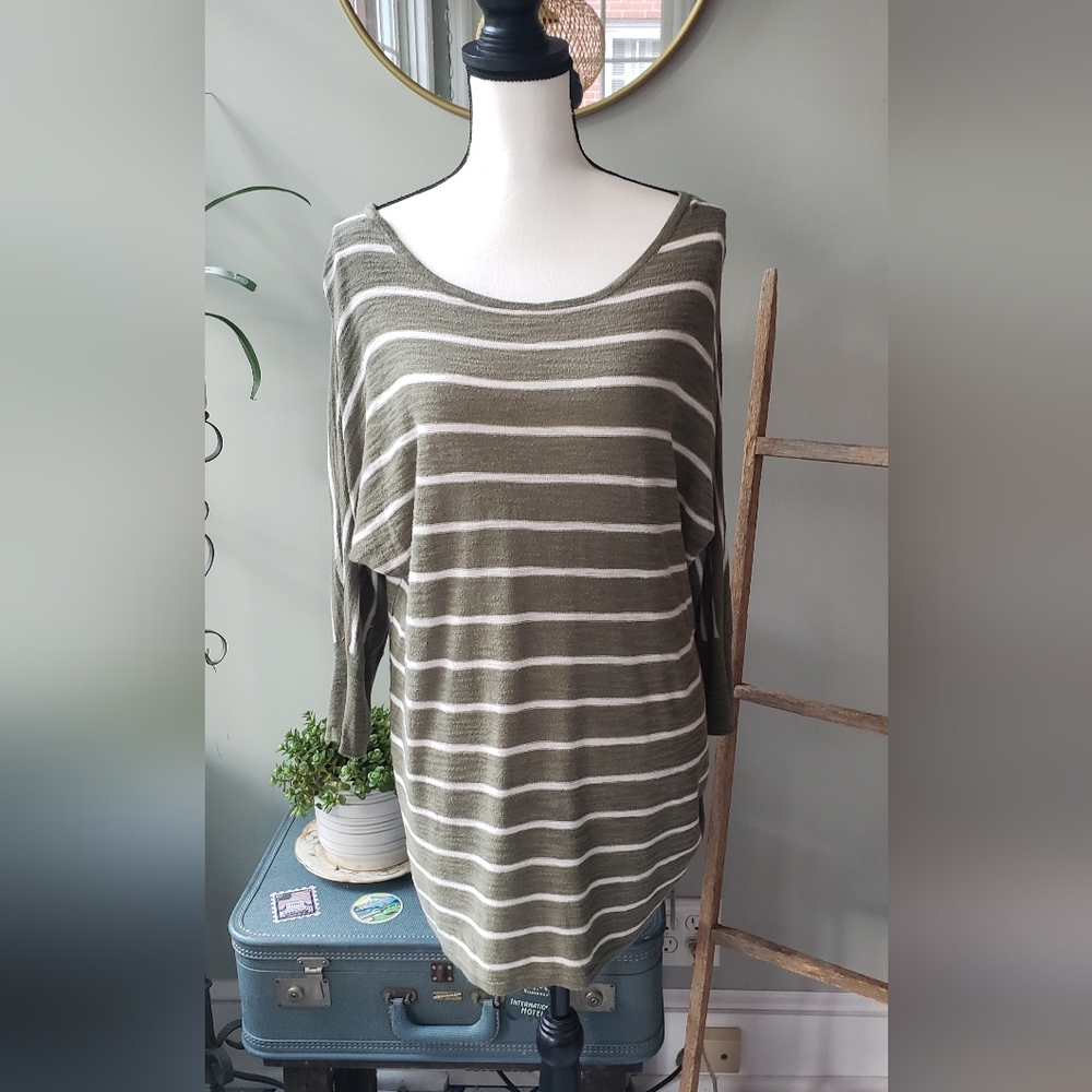 New Directions Weekend Green White Striped Casual Short Sleeve Tunic Top Size XL